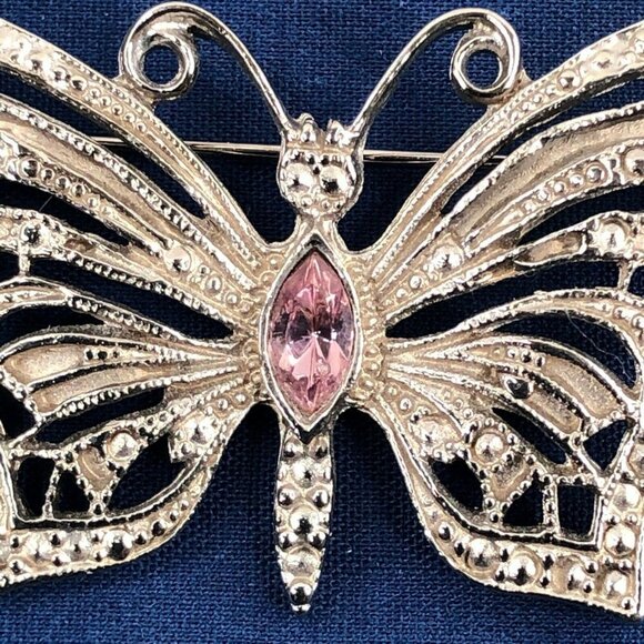 Vintage Costume Brooch 2” Silver Tone Purple Stone Butterfly 2" x 1.25" - Picture 2 of 3